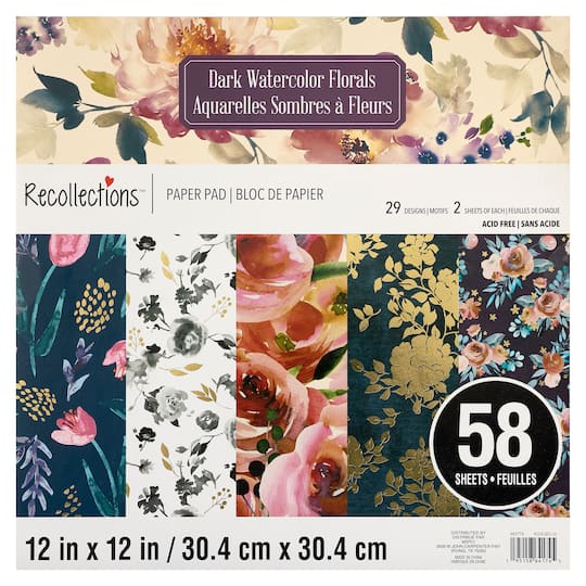 Dark Watercolor Florals Paper Pad by Recollections&#x2122;, 12&#x22; x 12&#x22;